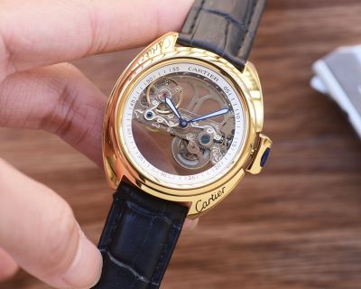 Cartier Optimal Design Genuine Leather/Stainless Steel Bracelet 41*12MM Unique Skeleton Watch